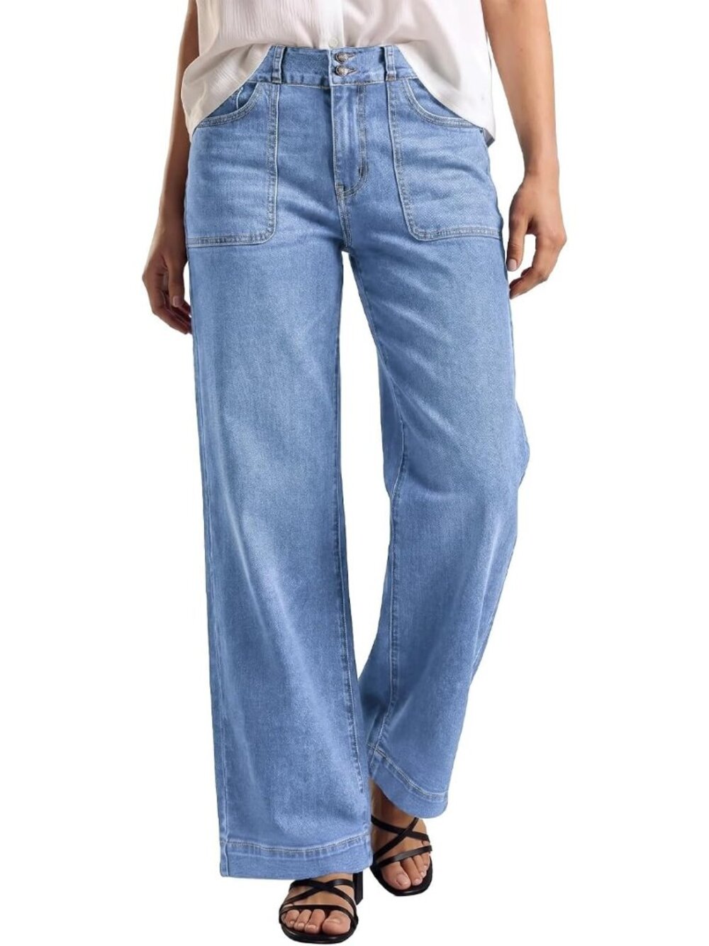 Women's Blue Elastic High Waisted Stretchy Front Big Pocket Straight Leg Jeans